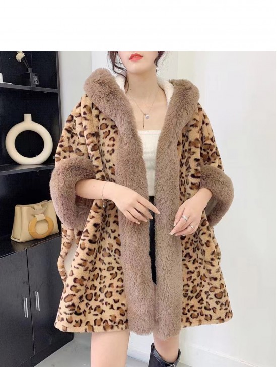 Soft Plush Leopard Hooded Cape W/ Fur Collar and Sleeves